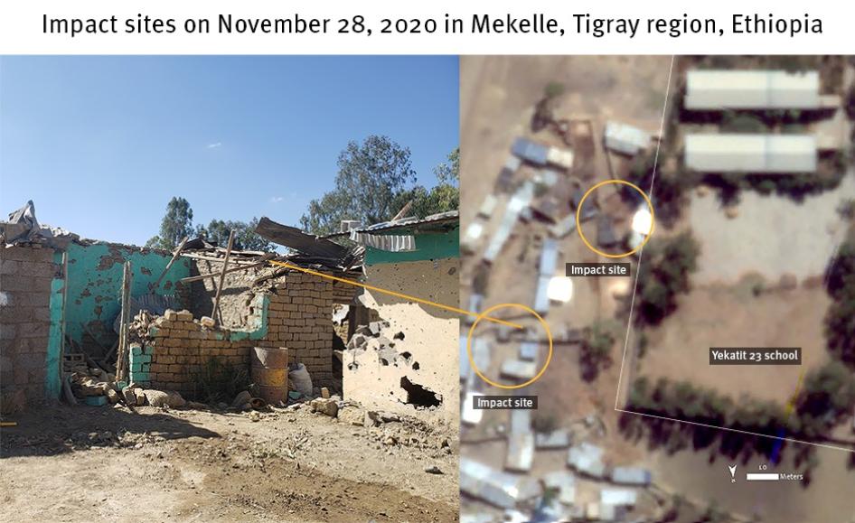Photograph on the left shows damage to two buildings corresponding with damage visible from the satellite imagery shown on the right. 