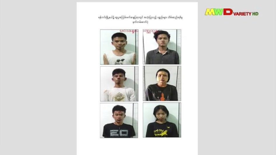 This image from an April 18, 2021 news report by Myawaddy TV shows people who security forces detained in the Yankin township of Yangon, Myanmar.