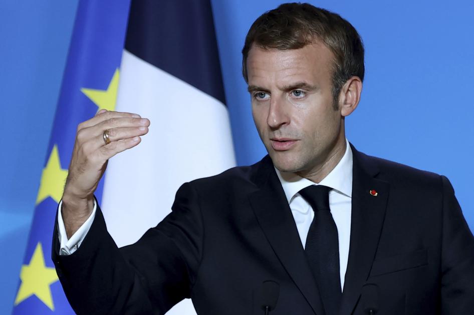 French President Emmanuel Macron speaks during a media conference at an EU summit in Brussels, October 22, 2021.