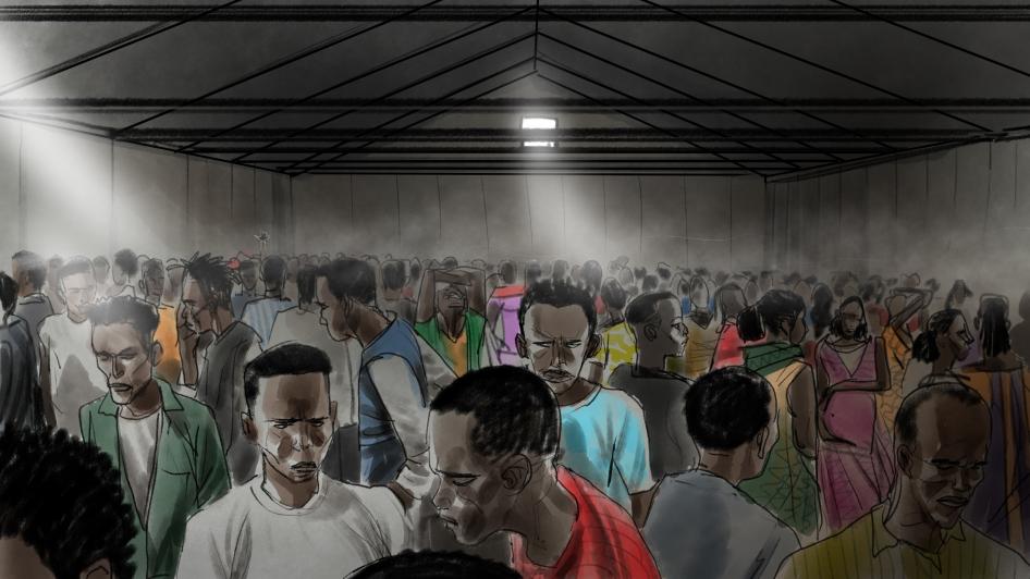 Illustration of people crowded in a dark warehouse