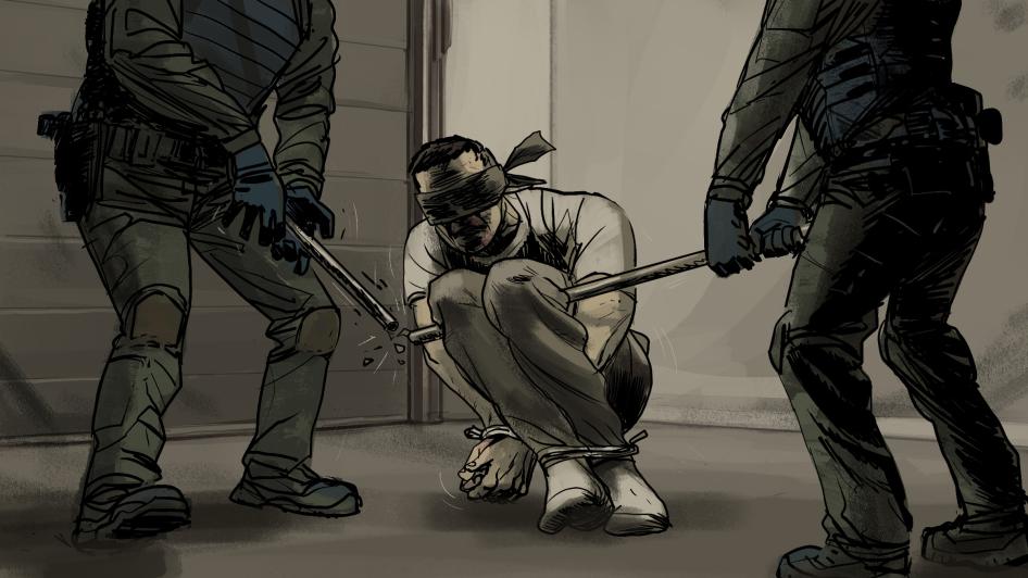 “Boghdan” dijo que los soldados le obligaron a adoptar la “posición del loro” al menos una vez. Dijo que en una ocasión el tubo de metal no pudo soportar su peso; cuando los soldados lo levantaron, el tubo se dobló y se rompió. 