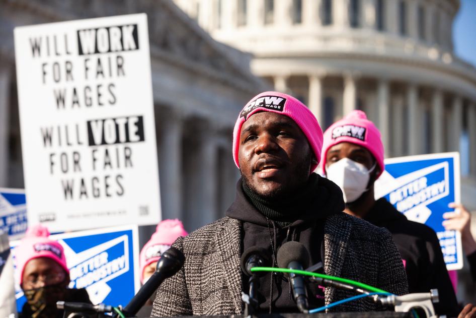 Restaurant worker speaks during a press conference calling on Congress to abolish minimum way for tipped workers in Washington DC. 