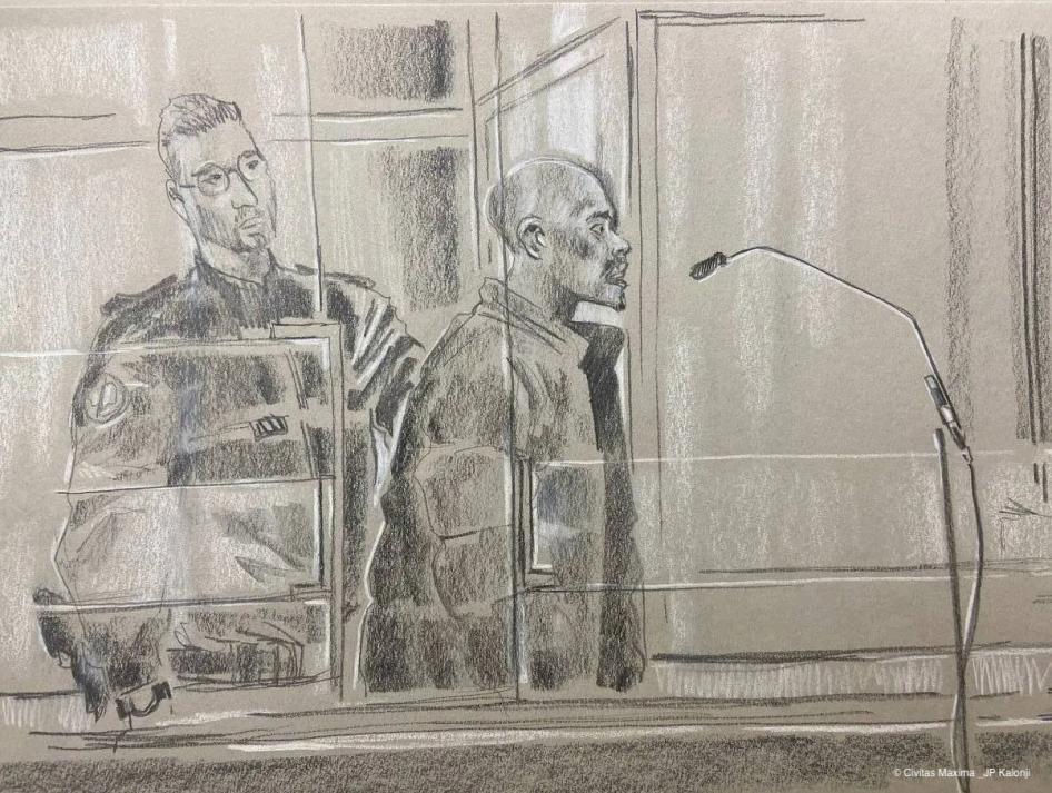 A courtroom sketch showing Kunti Kamara addressing the Paris Criminal Court during his trial, October 2022. 