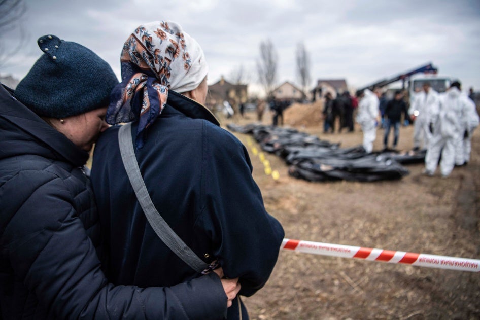 Trail of death left behind in Bucha following the Russian forces’ occupation in March. Bucha became a veritable crime scene, with extensive evidence of dozens of summary executions, other unlawful killings, enforced disappearances, and torture, all of which would constitute war crimes and potential crimes against humanity.