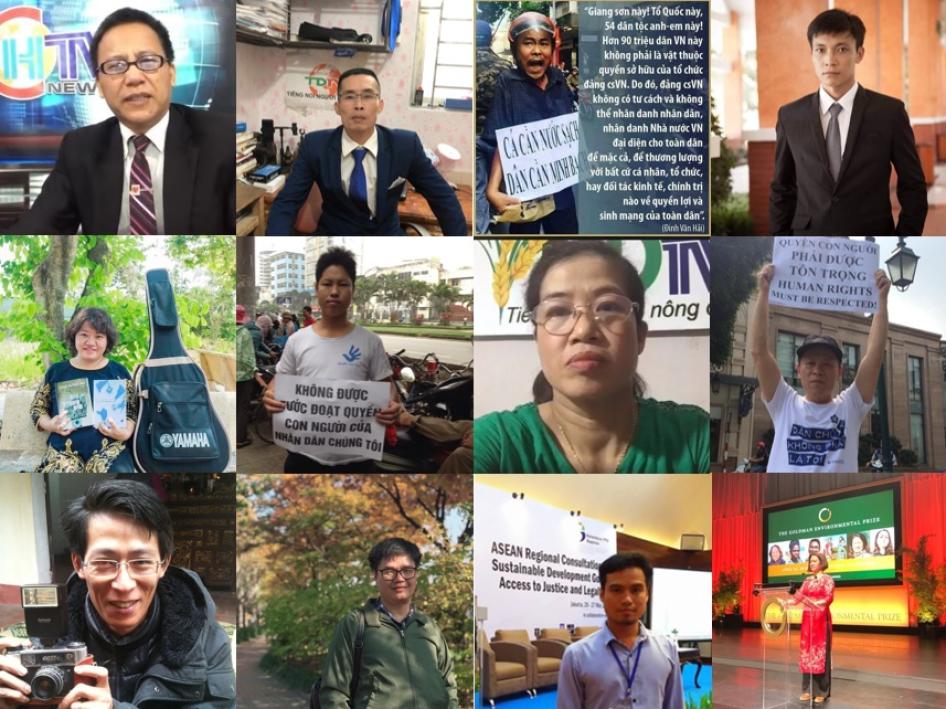 Dua belas aktivis HAM dan blogger asal Vietnam saat ini ditahan karena menggunakan hak dasar mereka. Baris atas dari kiri ke kanan: Le Van Dung, Le Manh Ha, Dinh Van Hai, Bui Van Thuan. Baris tengah: Pham Doan Trang, Trinh Ba Phuong, Nguyen Thi Tam, Truong Van Dung. Baris bawah: Nguyen Lan Thang, Mai Phan Loi, Dang Dinh Bach, Nguy Thi Khanh. 