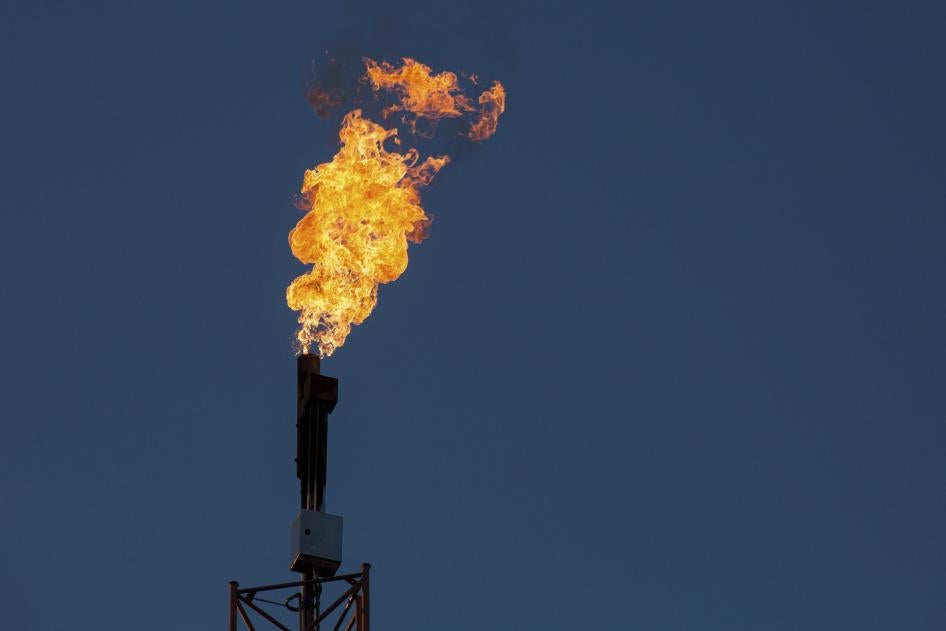 A burning flare seen at an oil extraction area located in Lakie, Lubusz Voivodeship.