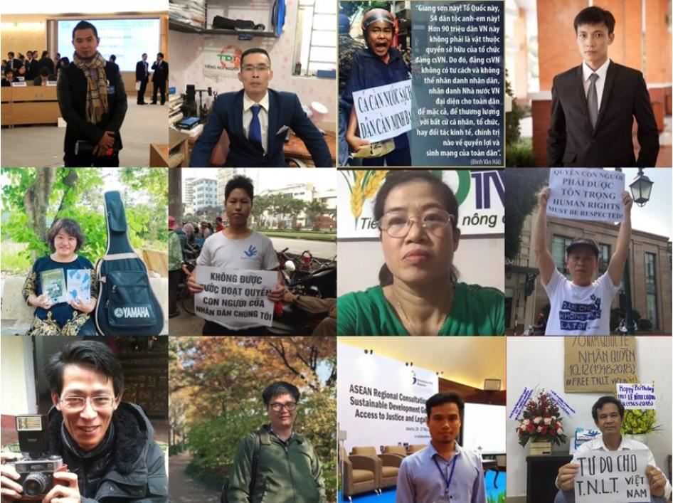 Twelve Vietnamese rights activists and bloggers currently detained for exercising their basic rights. Top row from left to right: Bui Tuan Lam, Le Manh Ha, Dinh Van Hai, Bui Van Thuan. Center row:  Pham Doan Trang, Trinh Ba Phuong, Nguyen Thi Tam, Truong Van Dung. Bottom row: Nguyen Lan Thang, Mai Phan Loi, Dang Dinh Bach, Tran Van Bang. 