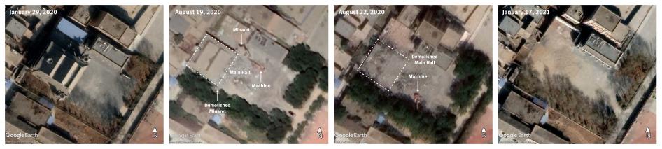 Liaoqiao East Mosque: The mosque had three minarets (left); they were removed between January and August 2020 (center); the main hall of the mosque was demolished as of January 2021 (right).