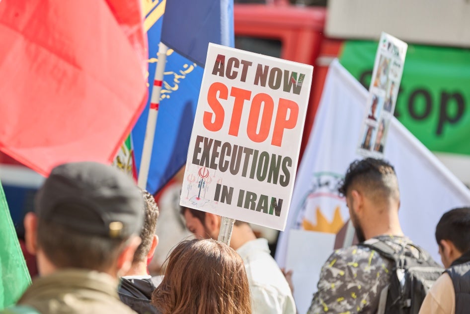 A demonstration on the anniversary of the death in custody of Mahsa Jina Amini with signs calling to stop the executions in Iran, September 14, 2024.