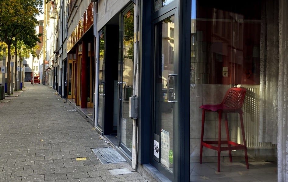 A chair inside of a sex workers booth in Antwerp, Belgium, November 3, 2020.