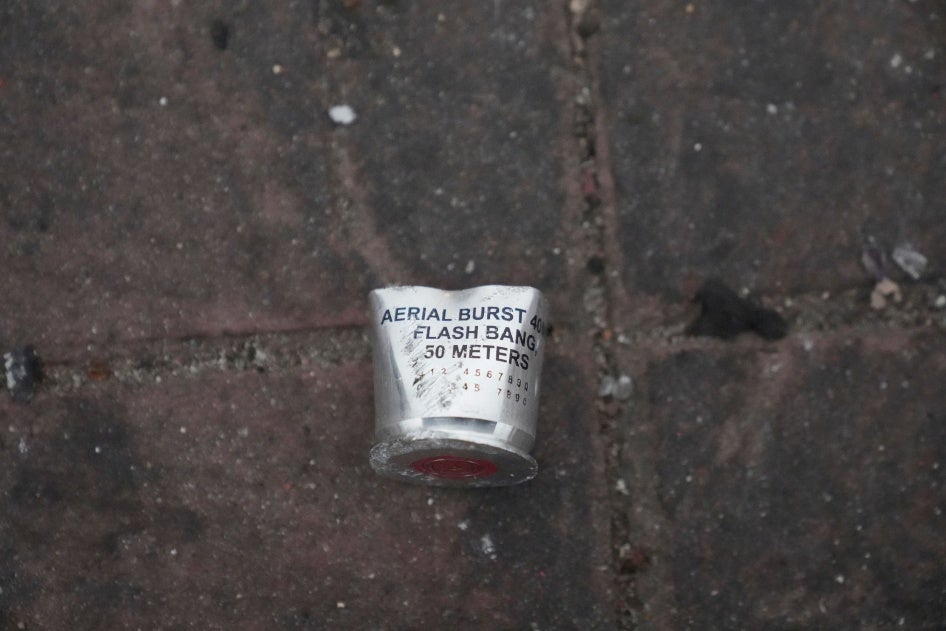 A cartridge case that contained the propellent for a projected flash-bang round. This item is ejected after being fired by a launcher and is meant to land at the shooter’s feet. Compton, California, June 8, 2025.