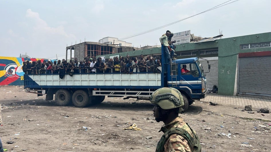Photograph recorded on January 30, 2025, shared with Human Rights Watch by a journalist and geolocated to the Unity Stadium in Goma, shows a truck full of men in civilian clothes. 