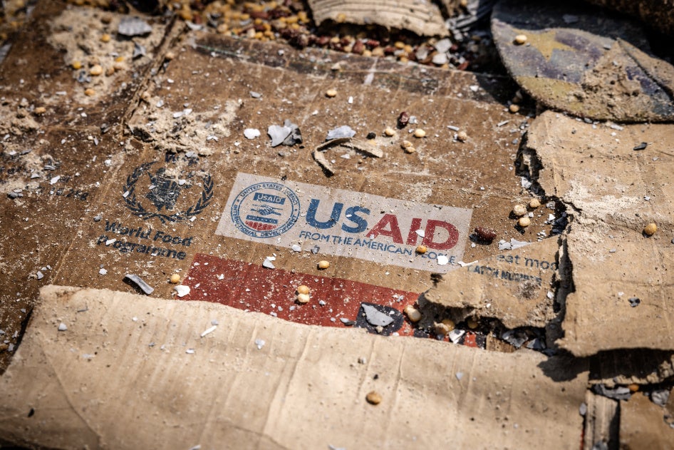 A USAID box amid materials left behind after widespread vandalism and looting following clashes at the World Food Programme warehouse in Bukavu, Democratic Republic of Congo, February 21, 2025.
