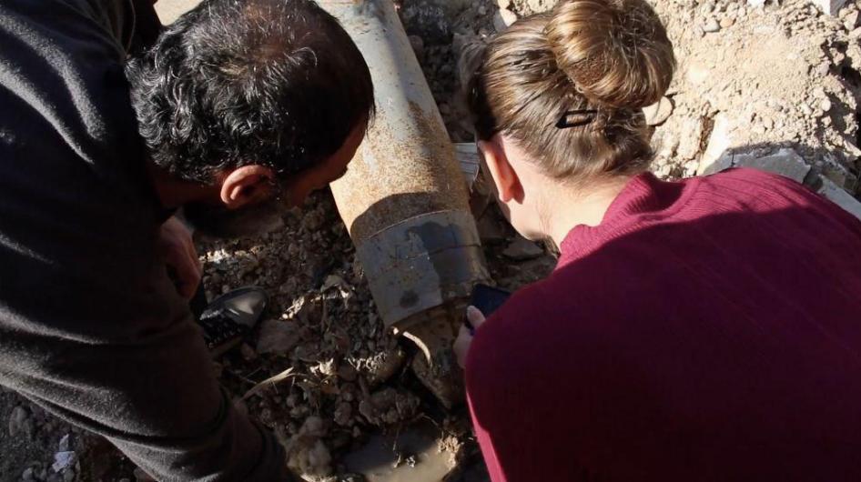 Remnants of a Russian-produced 220mm TOS-1A thermobaric rocket, an enhanced blast weapon, that was used in an attack targetting ISIS forces in Samah neighbourhood on November 5, 2016 that wounded five civilians.