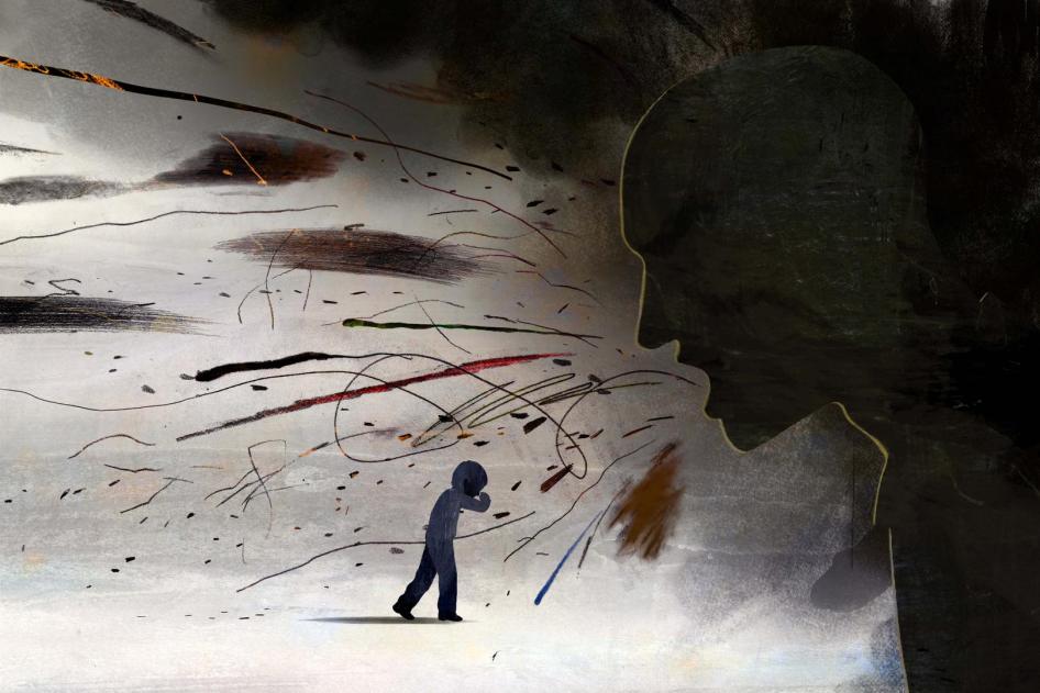 Illustration de la couverture d’un rapport de Human Rights Watch sur les violences physiques, mais aussi verbales sous forme d’insultes ou d’humiliation, infligées par des enseignants dans des écoles au Liban. 