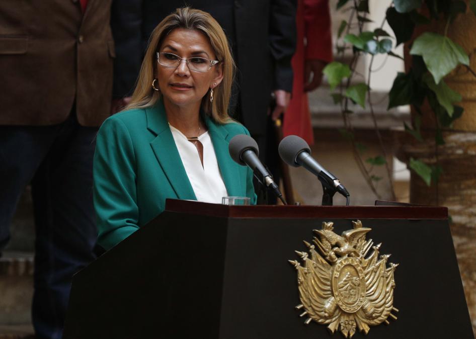 La presidenta interina de Bolivia, Jeanine Áñez, durante un discurso desde el Palacio Presidencial en La Paz, Bolivia, el miércoles 22 de enero de 2020.