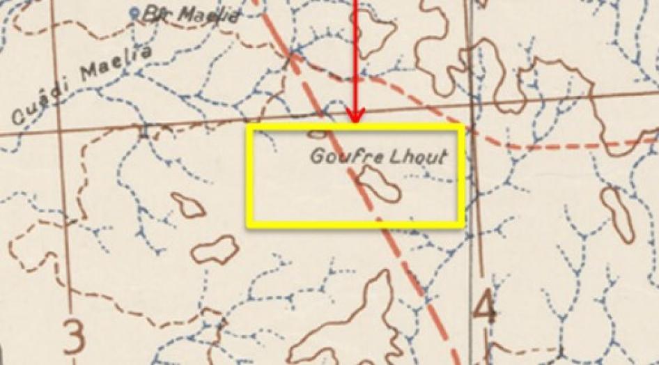Dans cette carte topographique française de 1939, la gorge d’Al-Hota était dénommée « Gouffre Lhout&nbsp;» (orthographiée « Goufre&nbsp;» par erreur).