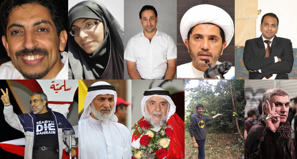Des prisonniers politiques et activistes détenus au Bahreïn. En haut (de gauche à droite) : Abdulhadi Al Khawaja, Zakiya Al Barboori, Naji Fateel, Sheikh Ali Salman, Ali Hajee. En bas (de gauche à droite) : Abduljalil al-Singace, Abdulwahab Hussain, Hassa