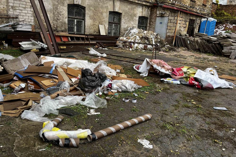 Packing materials litter the yard behind the Kherson Regional Art Museum