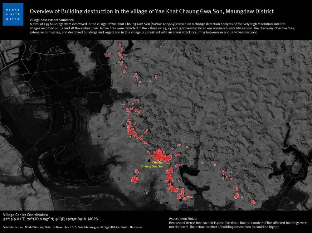 Overview of Building destruction in the village of Yae Khat Chaung Gwa Son, Maungdaw District 
