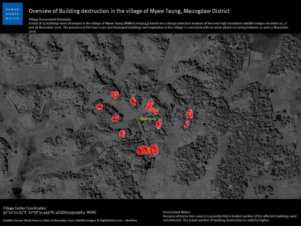Overview of Building destruction in the village of Myaw Taung, Maungdaw District 