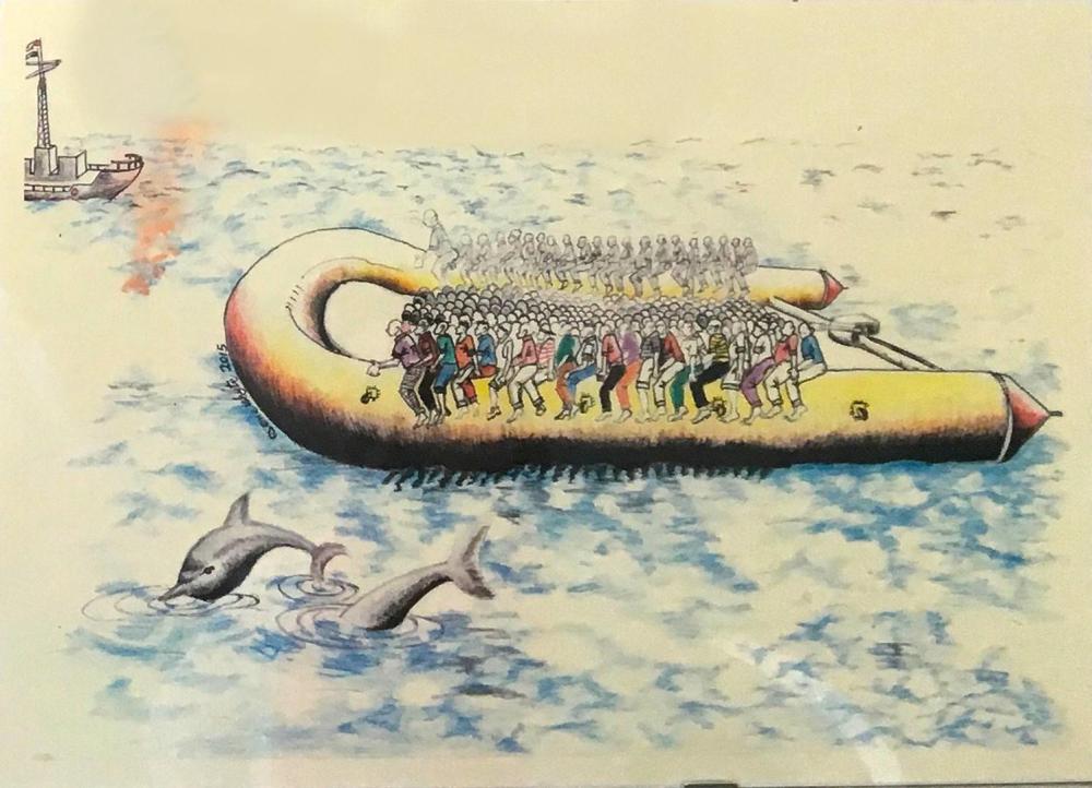 “The Crossing,” drawing by a Senegalese man hanging in the Villa Sikania reception center in Sicily, Italy.