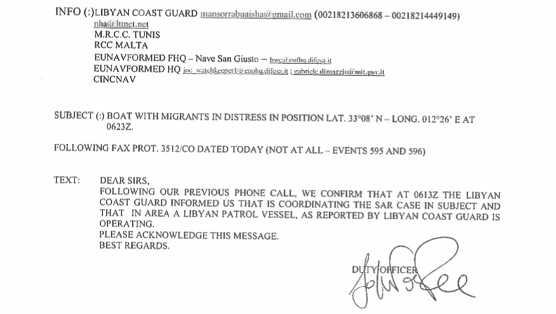 Email inviata dal Centro nazionale di coordinamento del soccorso in mare di Roma alle nave Sea-Watch 2, il 10 maggio 2017, informandogli che forze della guardia costiera libica avevano assunto il commando dell’operazione di salvataggio. Per gentile conces