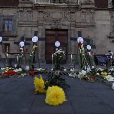 Cruces con los nombres de 14 periodistas y defensores de DDHH asesinados desde que el presidente Andrés Manuel López Obrador asumió el poder. Dichas cruces están colocadas afuera del Palacio Nacional en la Ciudad de México. 22 de febrero de 2019.