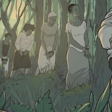 Illustration of women and girls tied up being led away
