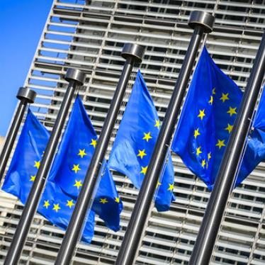 European Union flags are waving in front of the headquarters of the European Commission in Brussels. August 5, 2020. 