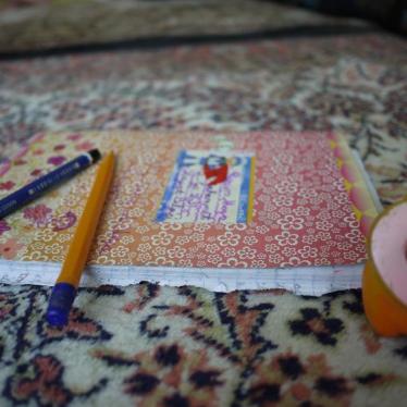 School supplies belonging to a Syrian refugee child enrolled in her local public school.