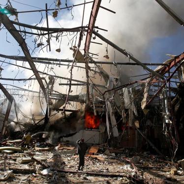 The remains of a community hall in Sanaa, the capital of Yemen, after Saudi-led coalition warplanes attacked a funeral ceremony there on October 8, 2016. 