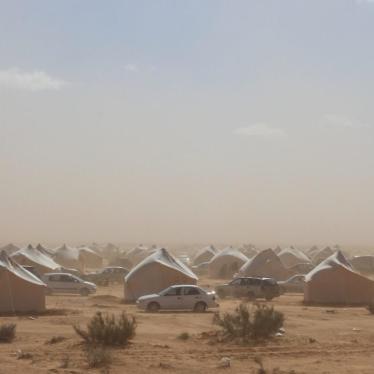 Make-shift tent camp in Qararet al-Qatef for forcibly displaced residents of Tawergha who are blocked from returning to their hometown by militias from Misrata, Qararet al-Qatef, Libya, February 10, 2018. © 2018 Emad Ergeha