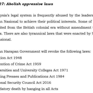 Section from Malaysia ruling party’s election manifesto, “Buku Harapan: Rebuilding Our Nation, Fulfilling Our Hopes,” promising to repeal abusive laws including the National Security Act of 2016.